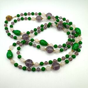 60" Revived Green Lucite, Glass, Rose Quartz with Gold tone accents necklace!